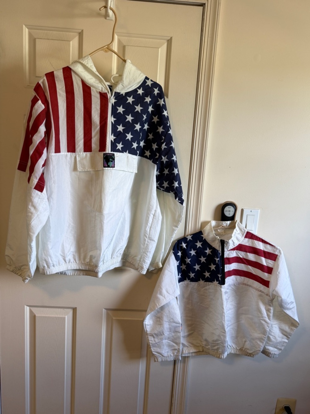 Adult and Child Combo 90s American Flag Hooded Windbreaker - White/Red/Blue
